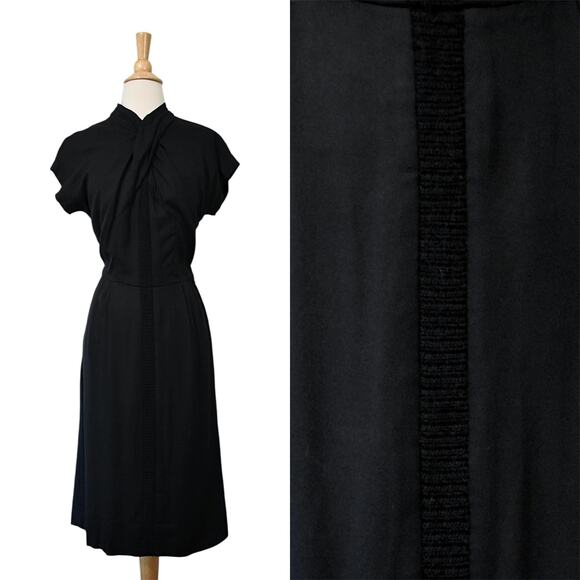 Vintage 50s Film Noir Ruched Shawl Neck Crochet Center Black Deco Dress - Picture 1 of 10